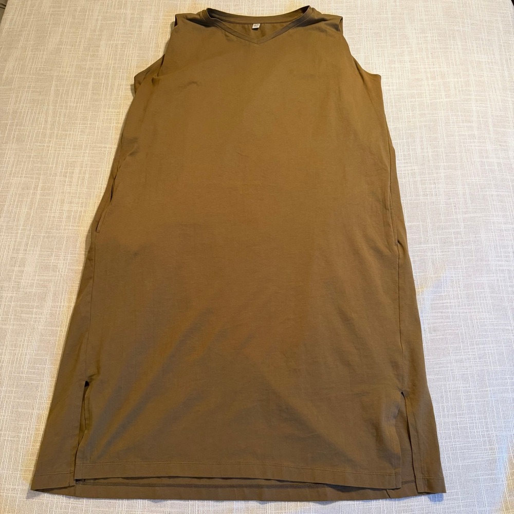 Uniqlo Womens Brown Cotton V-Neck Sleeveless Midi T-Shirt Dress Pockets M 406930